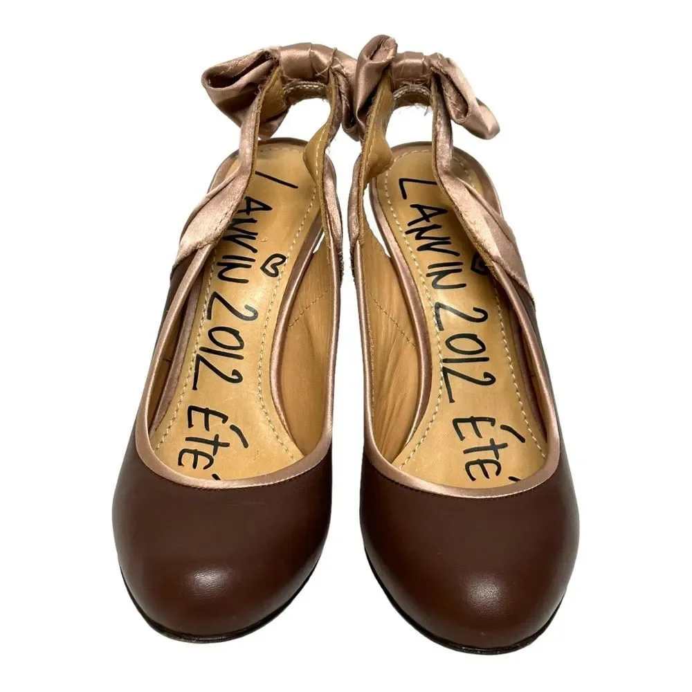 LANVIN Brown Leather & Pink Silk Slingback Bow Pumps Heels 37 6.5 7 Italy